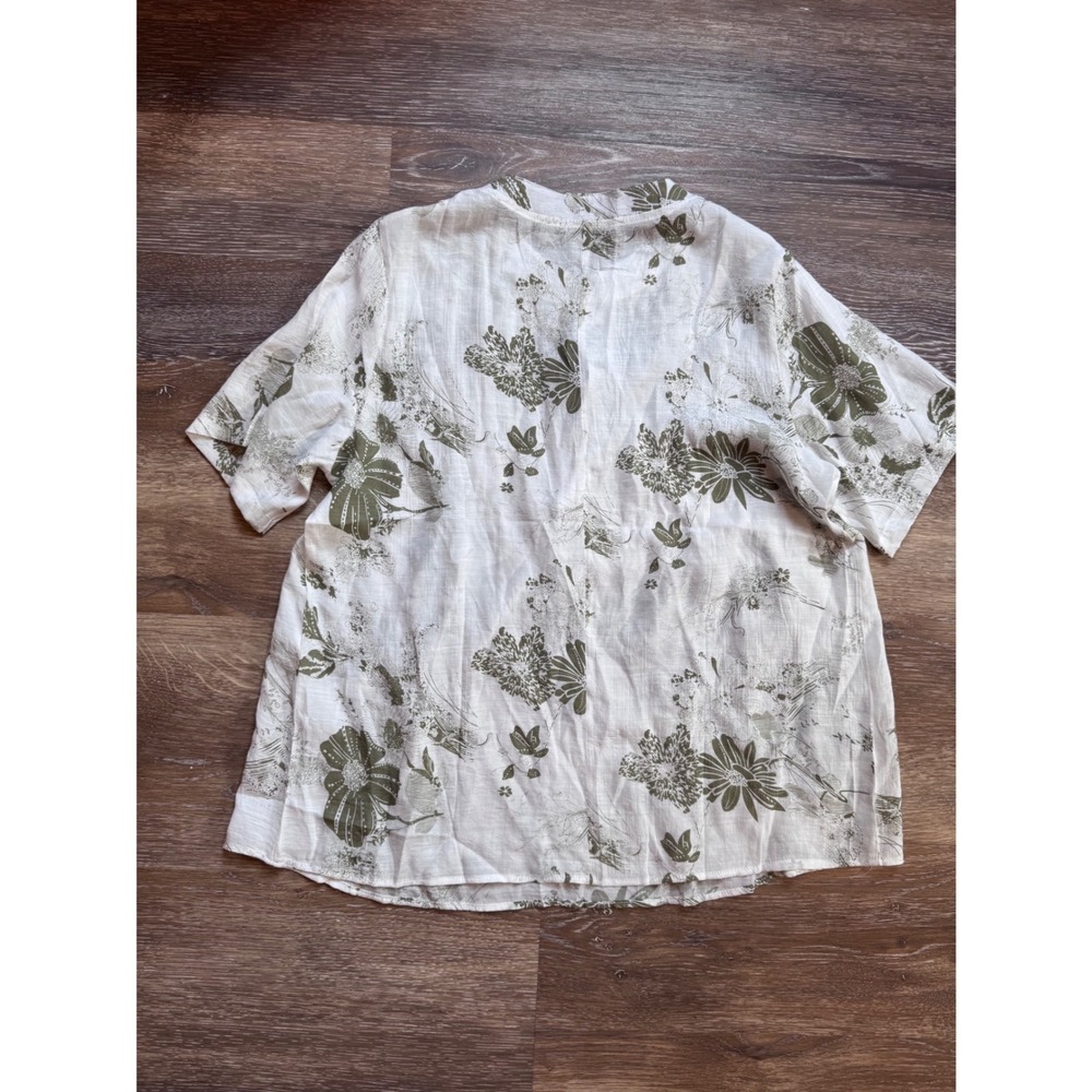 Floral Pintuck Button Front Blouse Olive Green White Short Sleeve XL - Picture 7 of 9